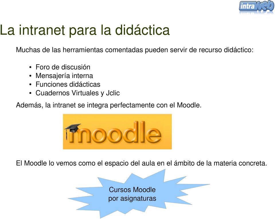 Virtuales y Jclic Además, la intranet se integra perfectamente con el Moodle.
