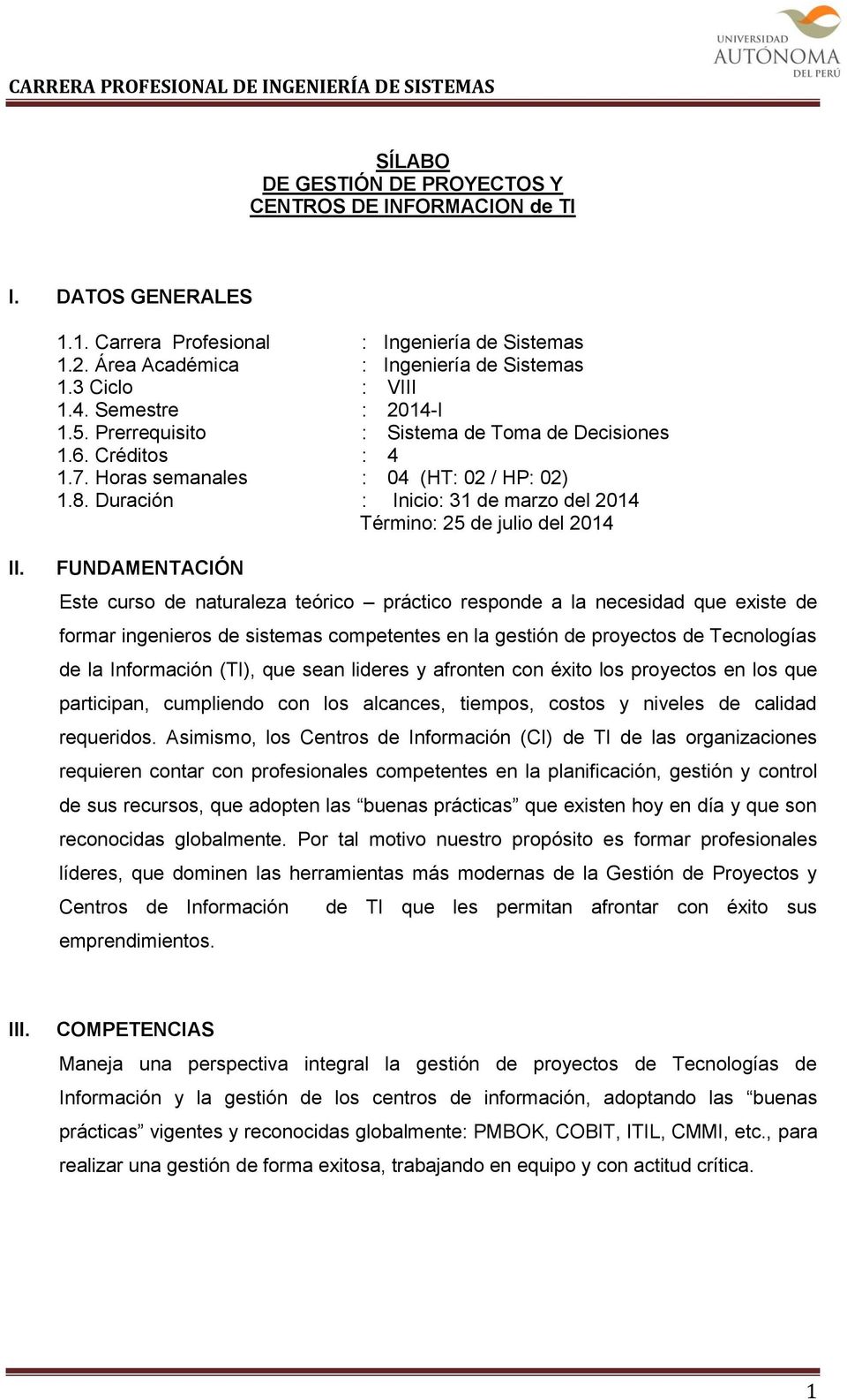 SÍLABO DE GESTIÓN DE PROYECTOS Y CENTROS DE INFORMACION de TI - PDF Free  Download