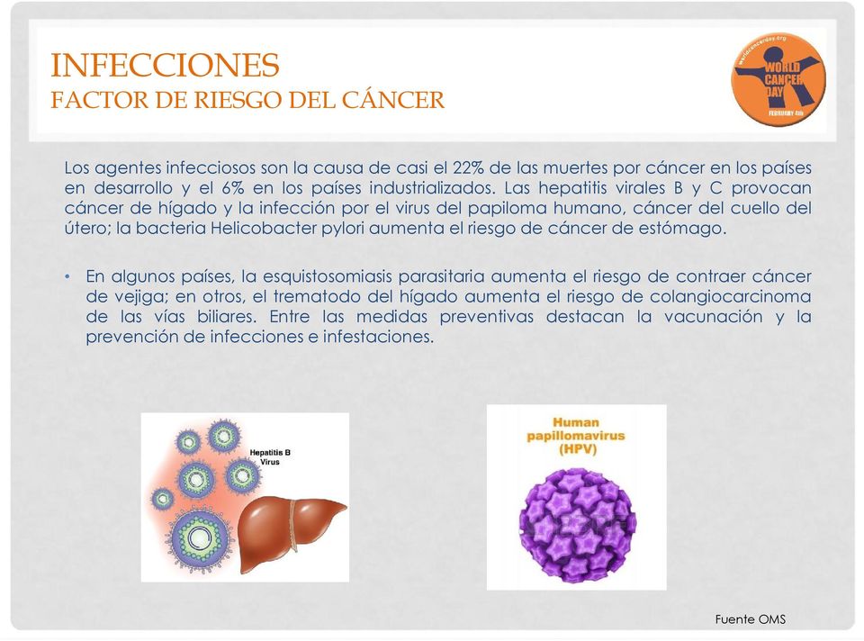 Las hepatitis virales B y C provocan cáncer de hígado y la infección por el virus del papiloma humano, cáncer del cuello del útero; la bacteria Helicobacter pylori aumenta