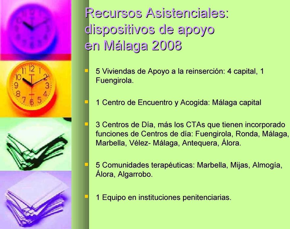 1 Centro de Encuentro y Acogida: Málaga capital 3 Centros de Día, más los CTAs que tienen incorporado