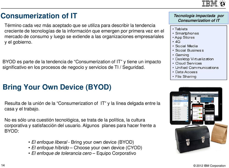 Tecnología impactada por Consumerization of IT BYOD es parte de la tendencia de Consumerization of IT y tiene un impacto significativo en los procesos de negocio y servicios de TI / Seguridad.