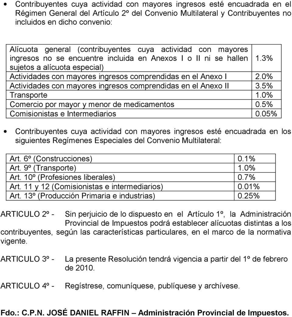 3% sujetos a alícuota especial) Actividades con mayores ingresos comprendidas en el Anexo I 2.0% Actividades con mayores ingresos comprendidas en el Anexo II 3.5% Transporte 1.