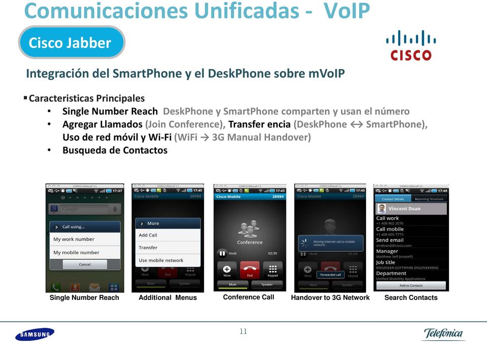 Llamados (Join Conference), Transfer encia (DeskPhone SmartPhone), Uso de red móvil y Wi-Fi (WiFi 3G Manual