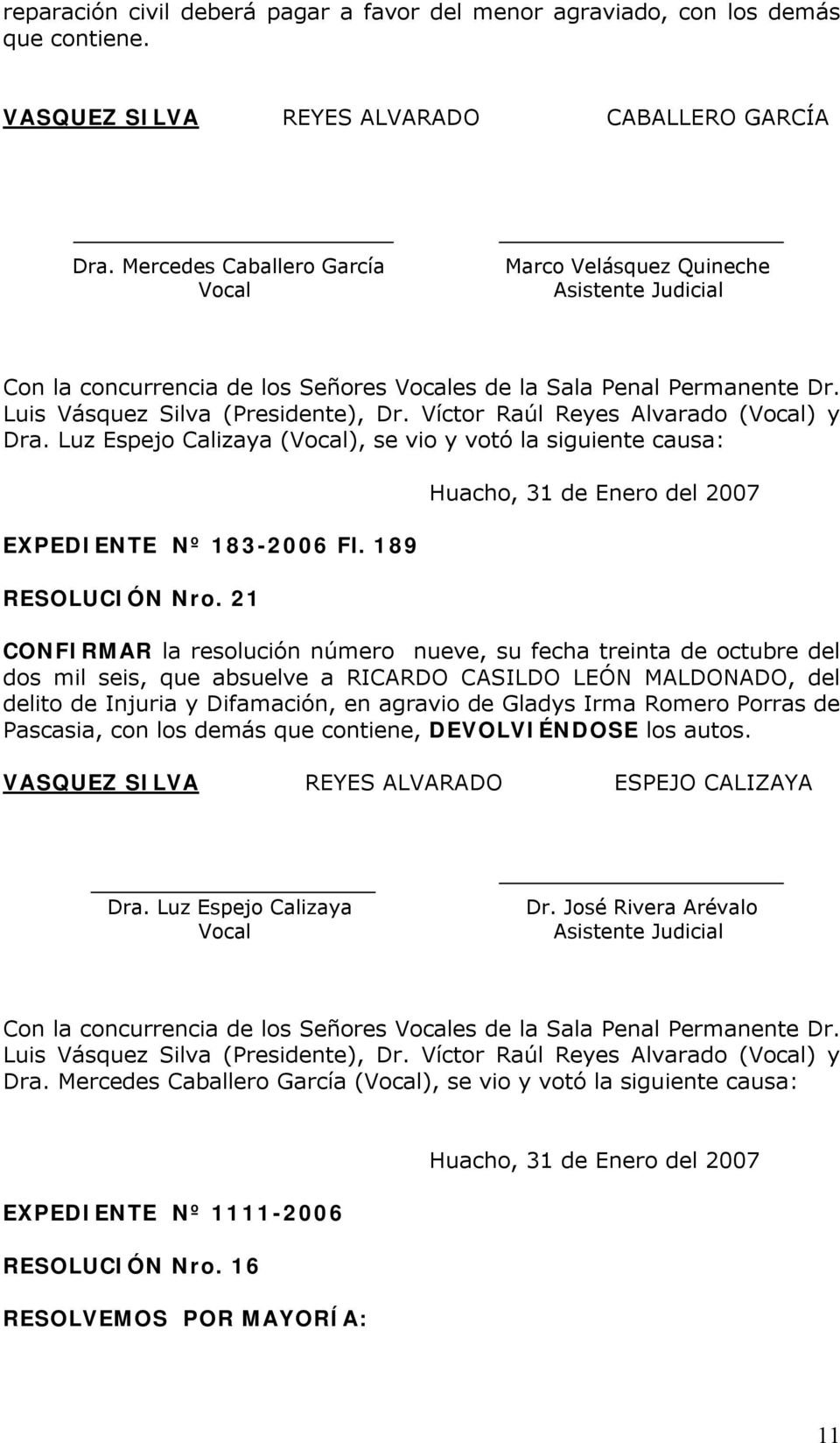Víctor Raúl Reyes Alvarado () y Dra. Luz Espejo Calizaya (), se vio y votó la siguiente causa: EXPEDIENTE Nº 183-2006 Fl. 189 RESOLUCIÓN Nro.