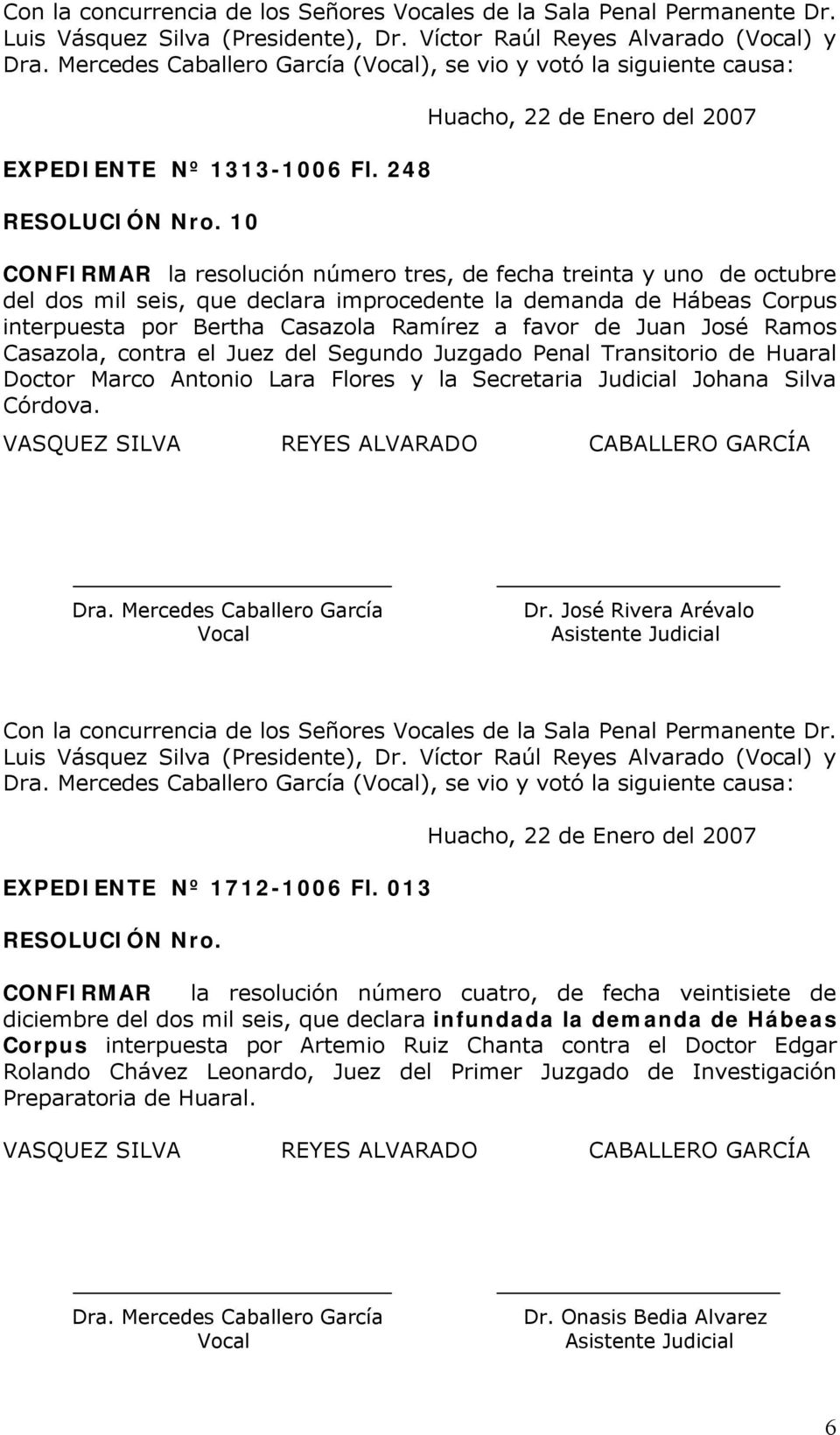 10 Huacho, 22 de Enero del 2007 CONFIRMAR la resolución número tres, de fecha treinta y uno de octubre del dos mil seis, que declara improcedente la demanda de Hábeas Corpus interpuesta por Bertha