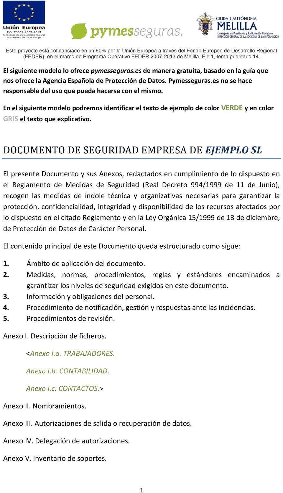 DOCUMENTO DE SEGURIDAD EMPRESA DE EJEMPLO SL El presente Documento y sus Anexos, redactados en cumplimiento de lo dispuesto en el Reglamento de Medidas de Seguridad (Real Decreto 994/1999 de 11 de