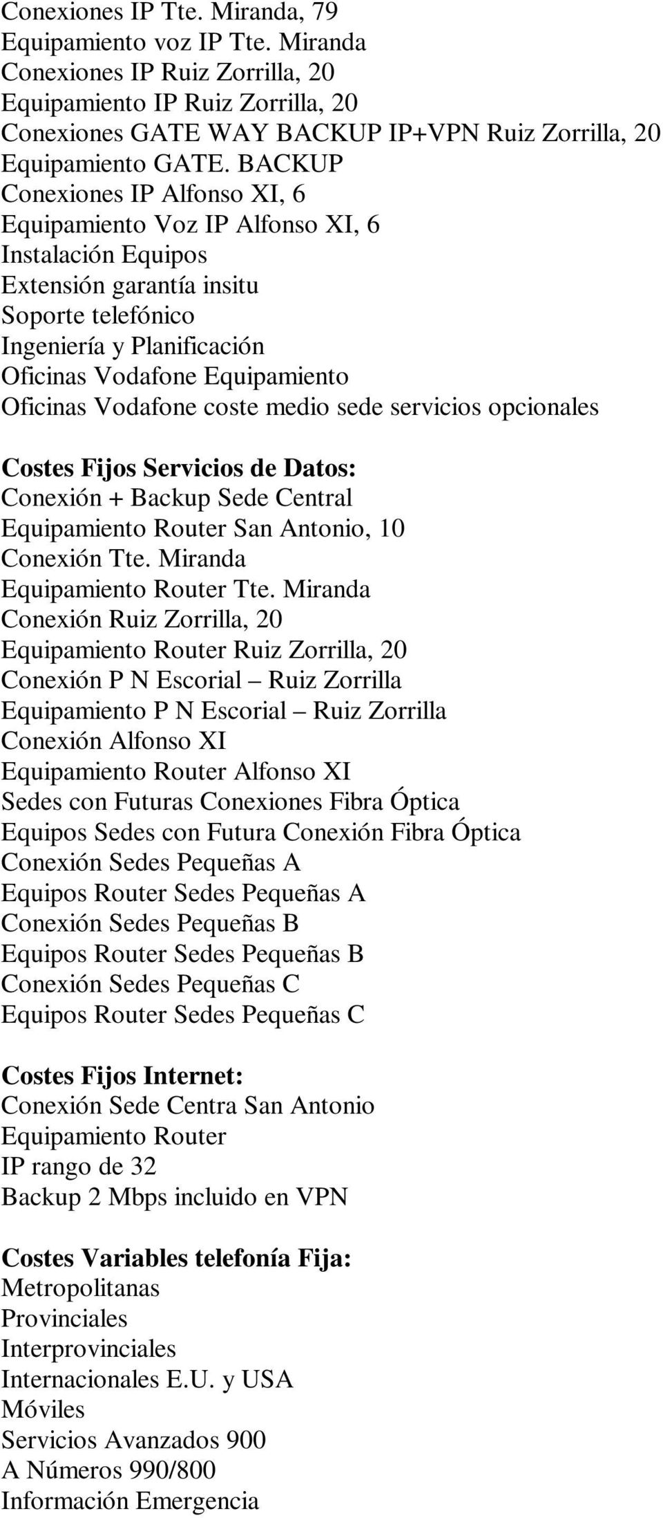 Oficinas Vodafone coste medio sede servicios opcionales Costes Fijos Servicios de Datos: Conexión + Backup Sede Central Equipamiento Router San Antonio, 10 Conexión Tte.