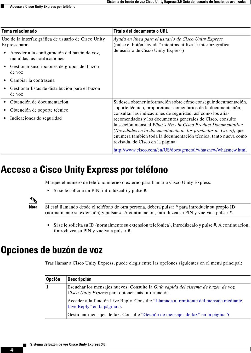 Obtención de soporte técnico Indicaciones de seguridad Título del documento o URL Ayuda en línea para el usuario de Cisco Unity Express (pulse el botón ayuda mientras utiliza la interfaz gráfica de