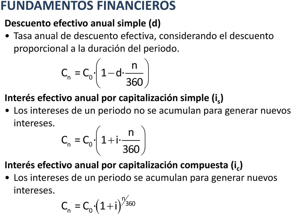 n C n = C 0 1d 360 Interés efectivo anual por capitalización simple (i s) Los intereses de un periodo no se acumulan