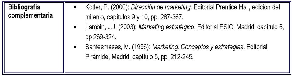 J. (2003): Marketing estratégico. Editorial ESIC, Madrid, capítulo 6, pp 269-324.