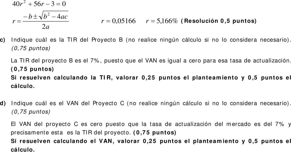 Si resuelven calculando la TIR, valorar 0,25 puntos el planteamiento y 0,5 puntos el cálculo.