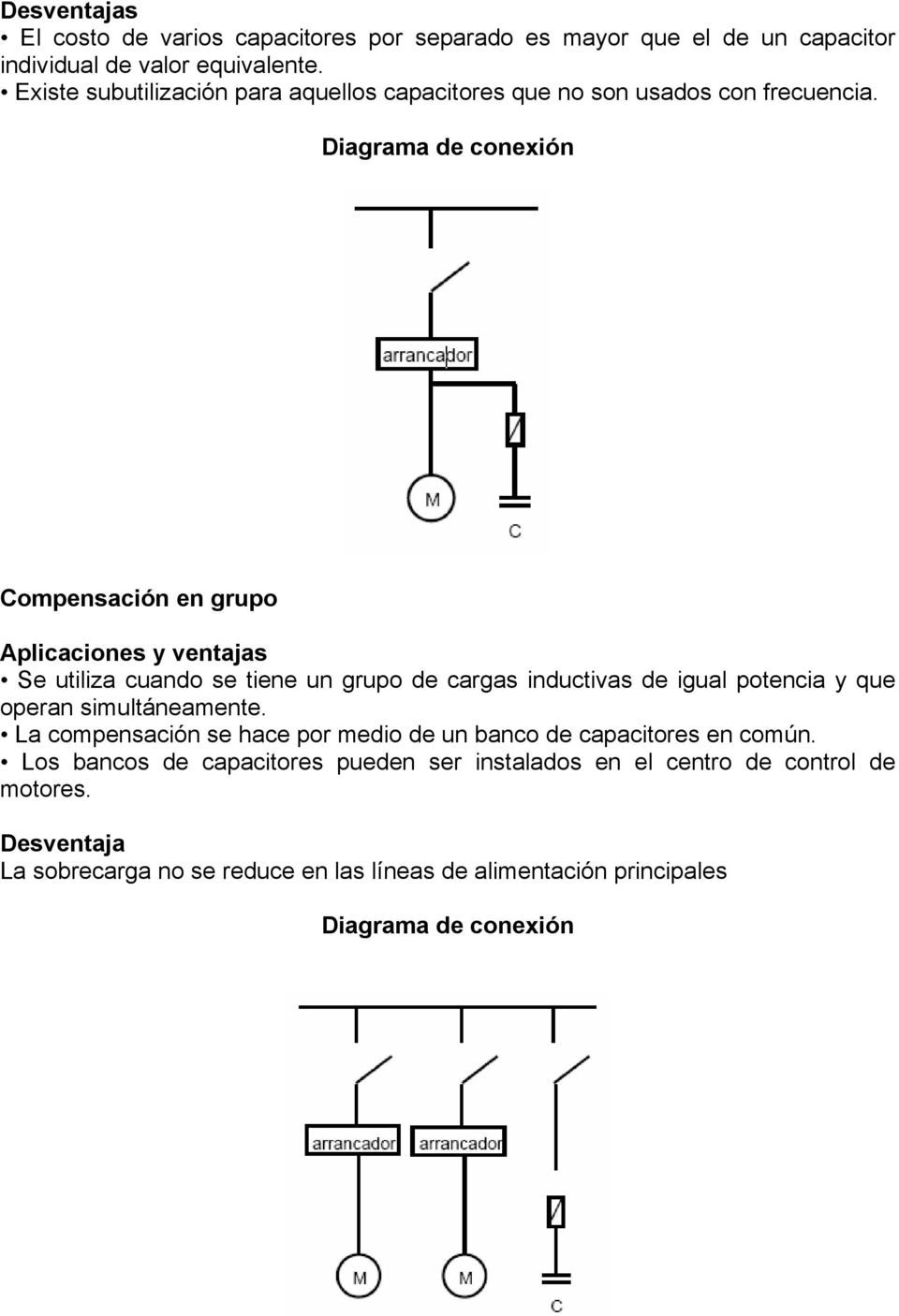 Diagrama de conexión Compensación en grupo Aplicaciones y ventajas Se utiliza cuando se tiene un grupo de cargas inductivas de igual potencia y que operan