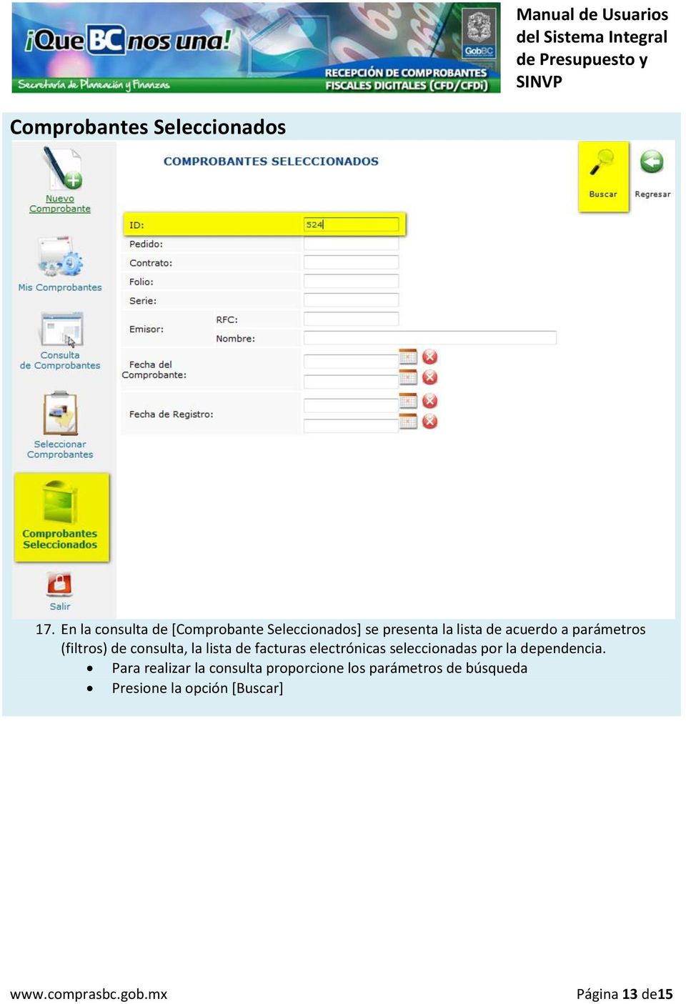 parámetros (filtros) de consulta, la lista de facturas electrónicas