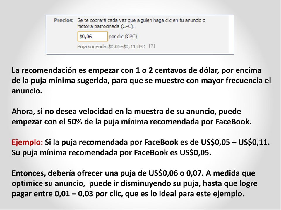 Ejemplo: Si la puja recomendada por FaceBook es de US$0,05 US$0,11. Su puja mínima recomendada por FaceBook es US$0,05.