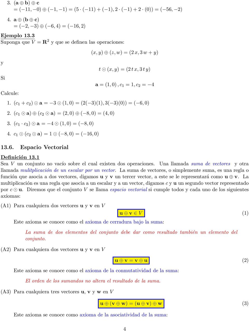 (c + c 2 ) a = 3 (, ) = (2( 3)(), 3( 3)()) = ( 6, ) 2. (c a) (c 2 a) = (2, ) ( 8, ) = (4, ) 3. (c c 2 ) a = 4 (, ) = ( 8, ) 4. c (c 2 a) = ( 8, ) = ( 6, ) 3.6. Espacio Vectorial Definición 3.