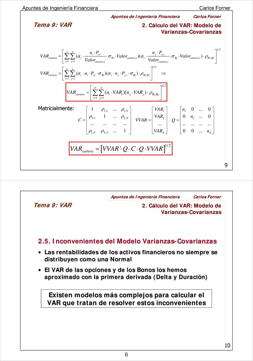.. VARN 0 0... nn /2 /2 /2 VARcarera [ VVAR ' Q C Q VVAR] /2 = 9 2. Cálculo C del VAR: Modelo de Varianzas-Covarianzas 2.5.