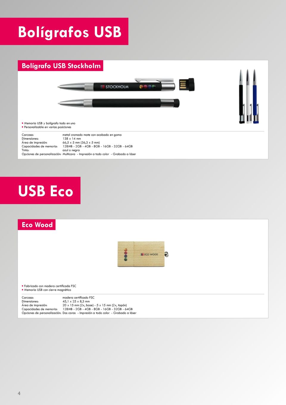 Multicara - Impresión a todo color - Grabado a láser USB Eco Eco Wood Fabricado con madera certificada FSC Memoria USB con cierre