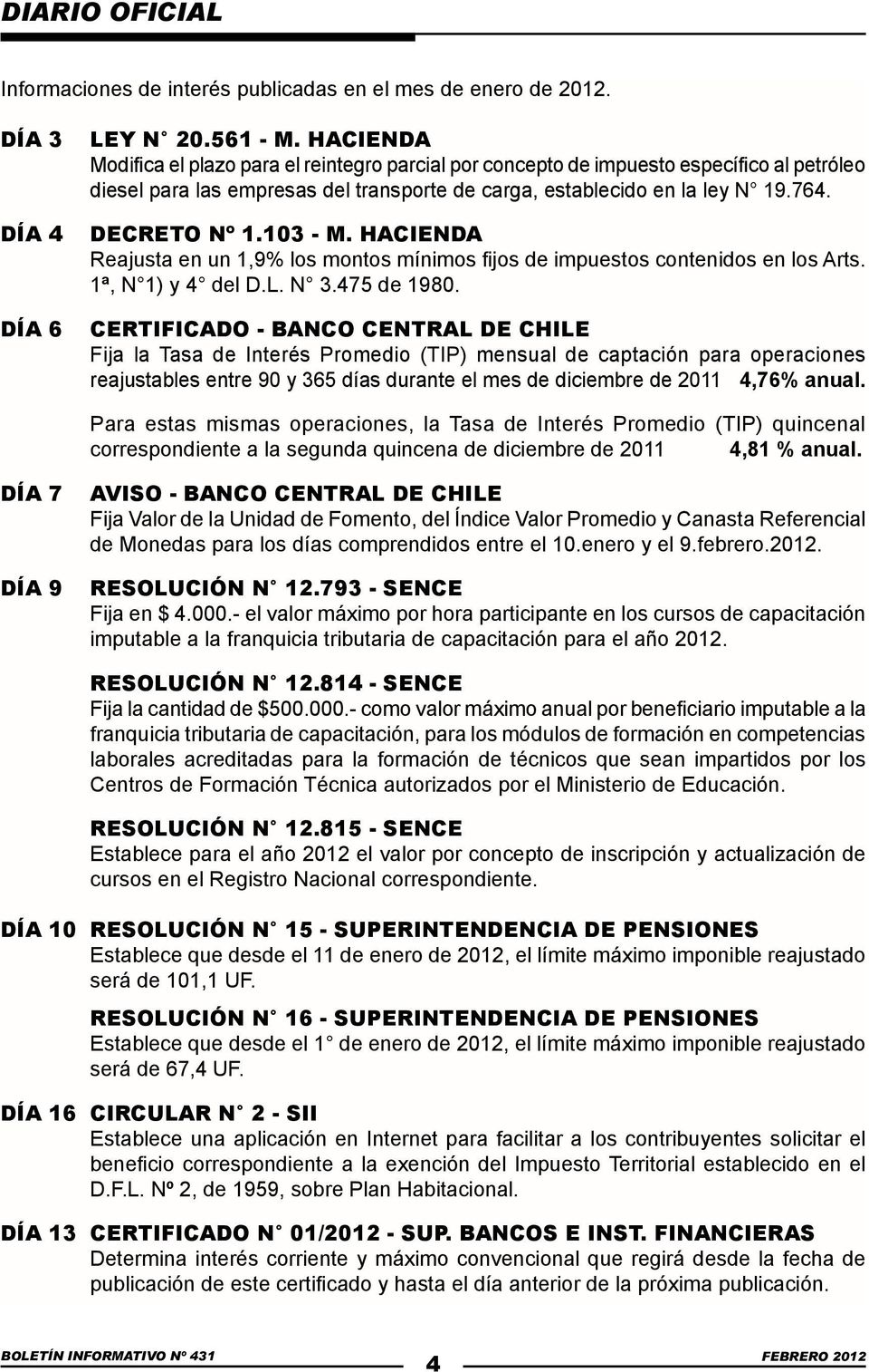 contenidos en los Arts 1ª, N 1) y 4 del DL N 3475 de 1980 CERTIFICADO - BANCO CENTRAL DE CHILE Fija la Tasa de Interés Promedio (TIP) mensual de captación para operaciones reajustables entre 90 y 365