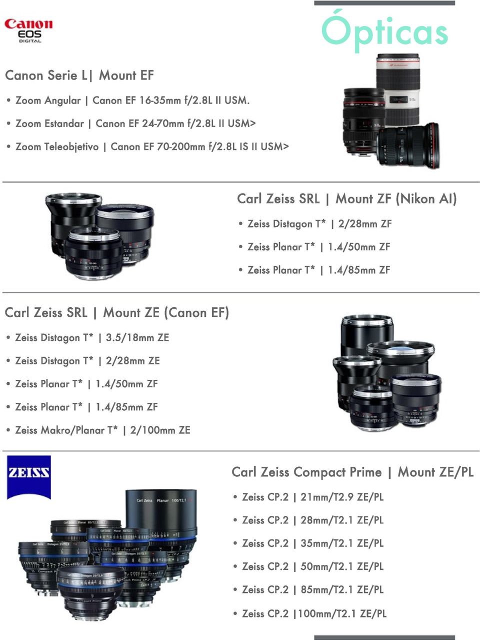 4/85mm ZF Carl Zeiss SRL Mount ZE (Canon EF) Zeiss Distagon T* 3.5/18mm ZE Zeiss Distagon T* 2/28mm ZE Zeiss Planar T* 1.4/50mm ZF Zeiss Planar T* 1.