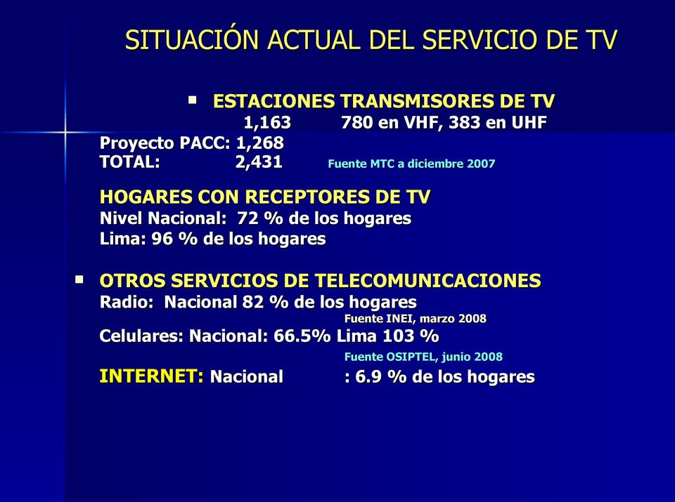 Lima: 96 % de los hogares OTROS SERVICIOS DE TELECOMUNICACIONES Radio: Nacional 82 % de los hogares Fuente INEI,