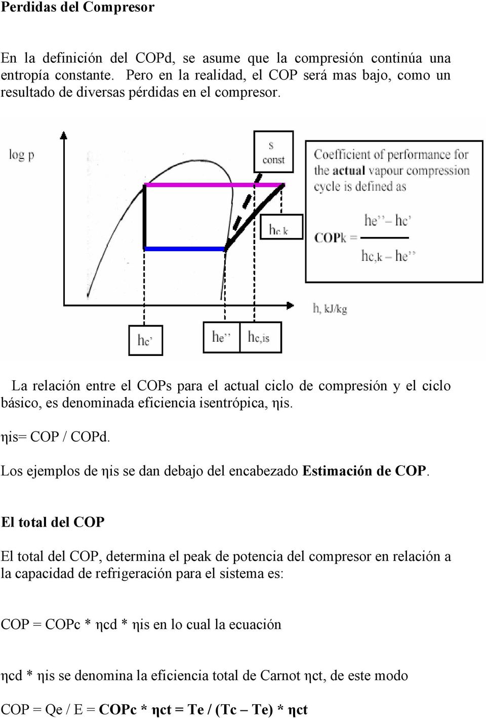La relación entre el COPs para el actual ciclo de compresión y el ciclo básico, es denominada eficiencia isentrópica, ηis. ηis= COP / COPd.