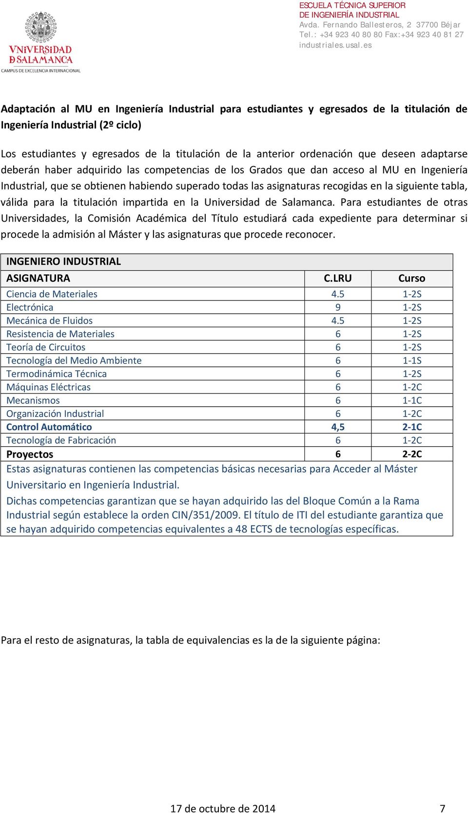 siguiente tabla, válida para la titulación impartida en la Universidad de Salamanca.