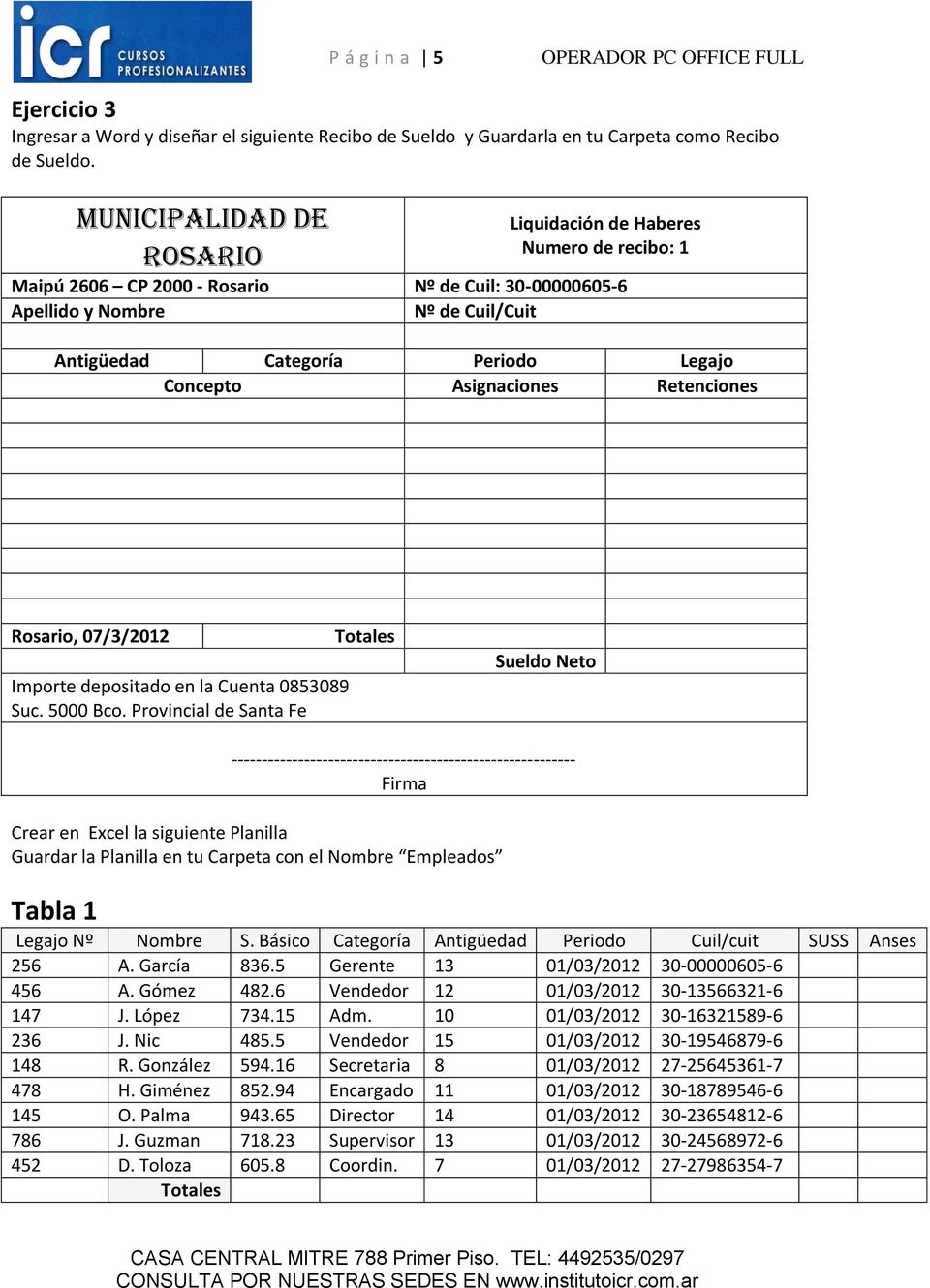 Concepto Asignaciones Retenciones Rosario, 07/3/2012 Importe depositado en la Cuenta 0853089 Suc. 5000 Bco.