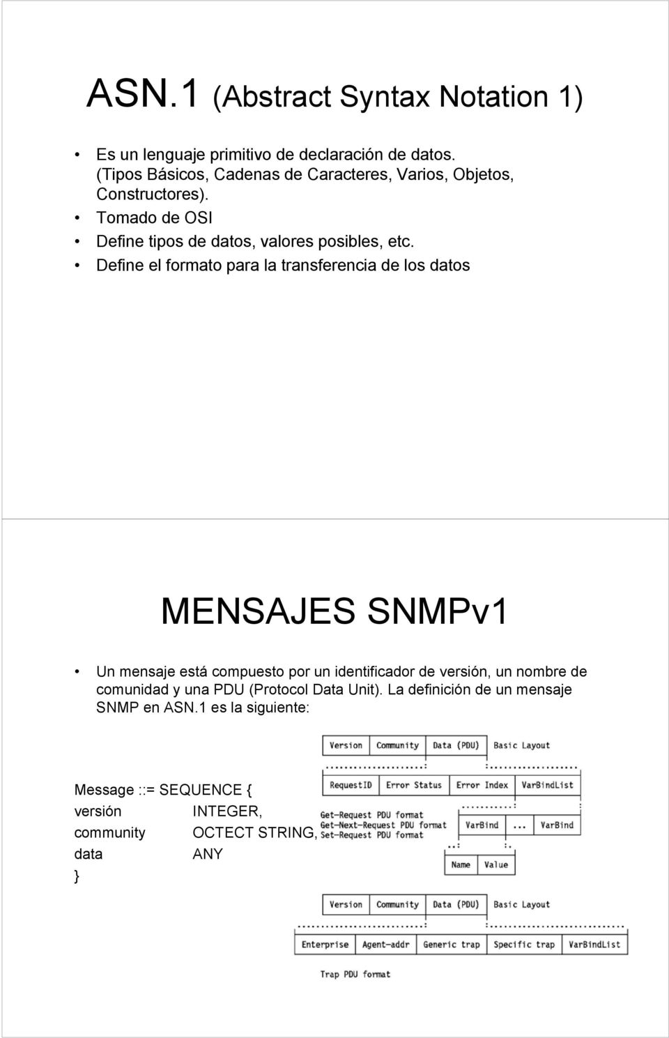 Define el formato para la transferencia de los datos MENSAJES SNMPv1 Un mensaje está compuesto por un identificador de versión, un