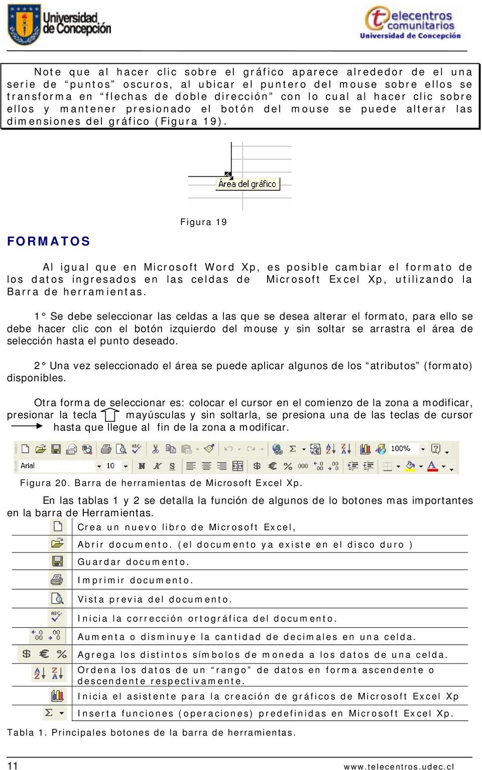 FORMATOS Figura 19 Al igual que en Microsoft Word Xp, es posible cambiar el formato de los datos ingresados en las celdas de Microsoft Excel Xp, utilizando la Barra de herramientas.