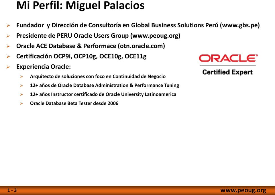 com) Certificación OCP9i, OCP10g, OCE10g, OCE11g Experiencia Oracle: Arquitecto de soluciones con foco en Continuidad de Negocio