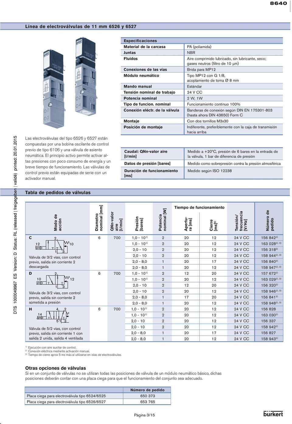 Especificaciones Material de la carcasa Juntas Fluidos Conexiones de las vías Caudal: QNn-valor aire [l/min] Datos de presión [bares] Duración de funcionamiento [ms] PA (poliamida) NBR Aire