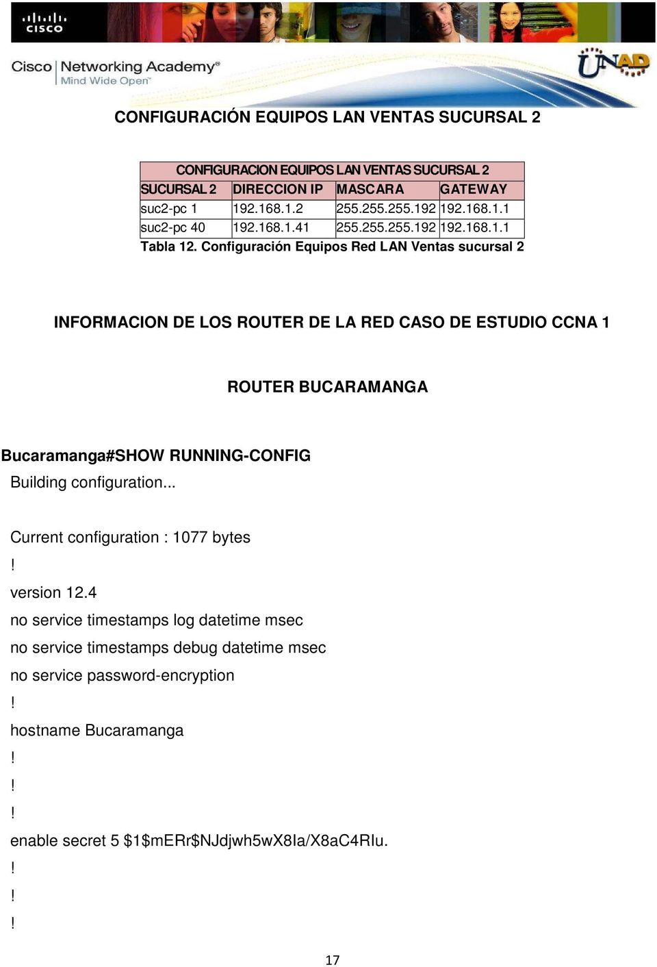 Configuración Equipos Red LAN Ventas sucursal 2 INFORMACION DE LOS ROUTER DE LA RED CASO DE ESTUDIO CCNA 1 ROUTER BUCARAMANGA Bucaramanga#SHOW RUNNING-CONFIG