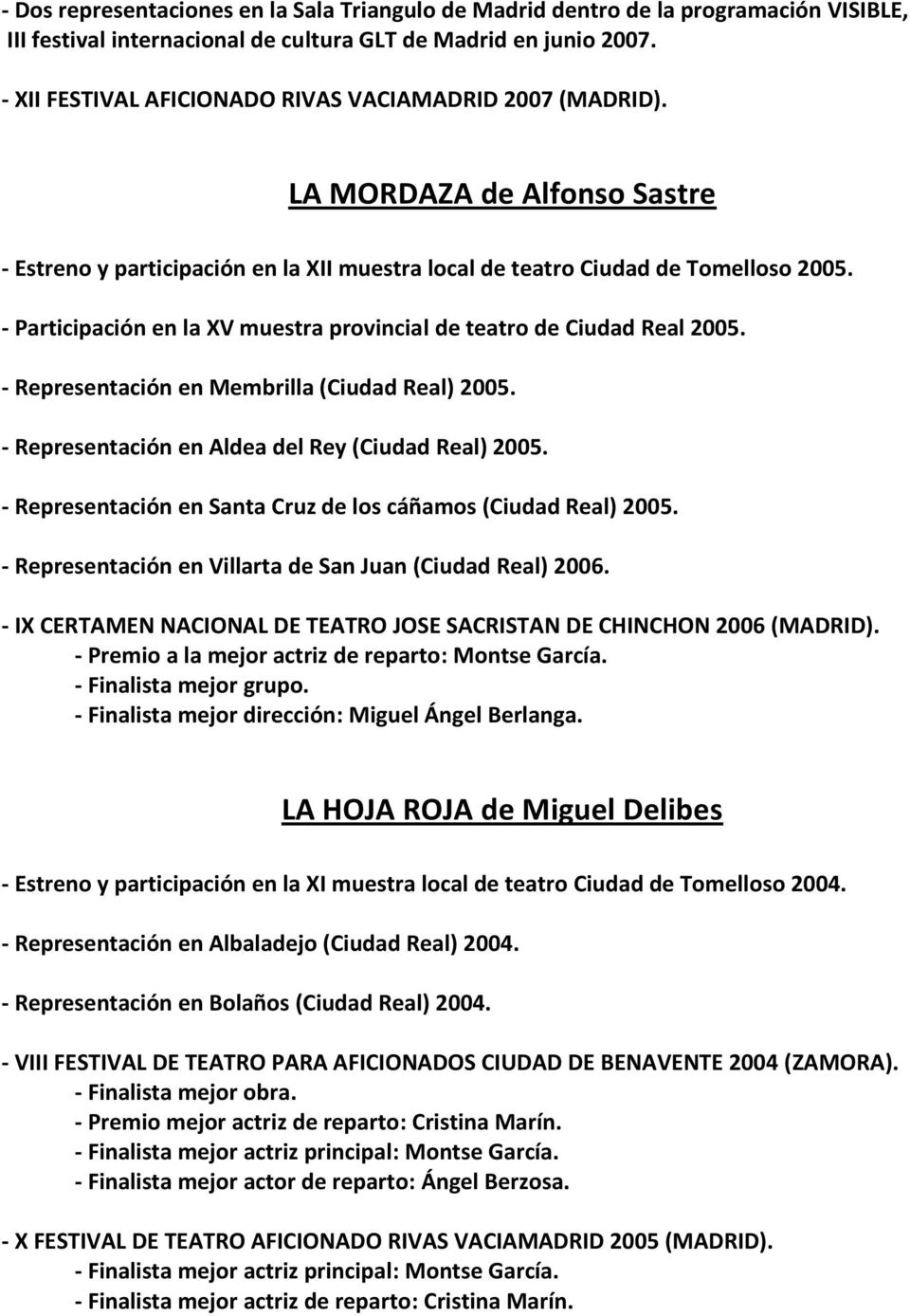 - Participación en la XV muestra provincial de teatro de Ciudad Real 2005. - Representación en Membrilla (Ciudad Real) 2005. - Representación en Aldea del Rey (Ciudad Real) 2005.