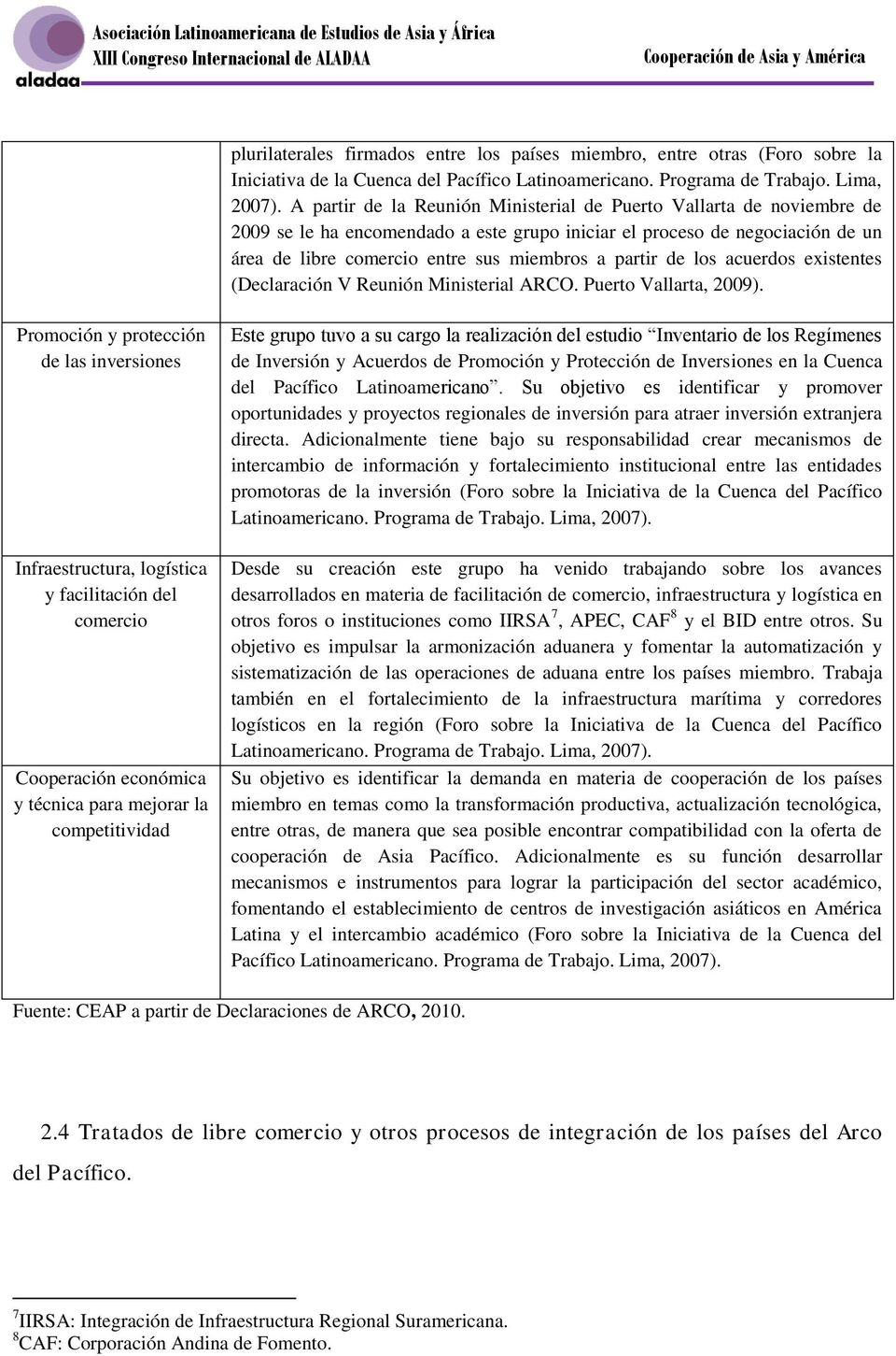 de los acuerdos existentes (Declaración V Reunión Ministerial ARCO. Puerto Vallarta, 2009).
