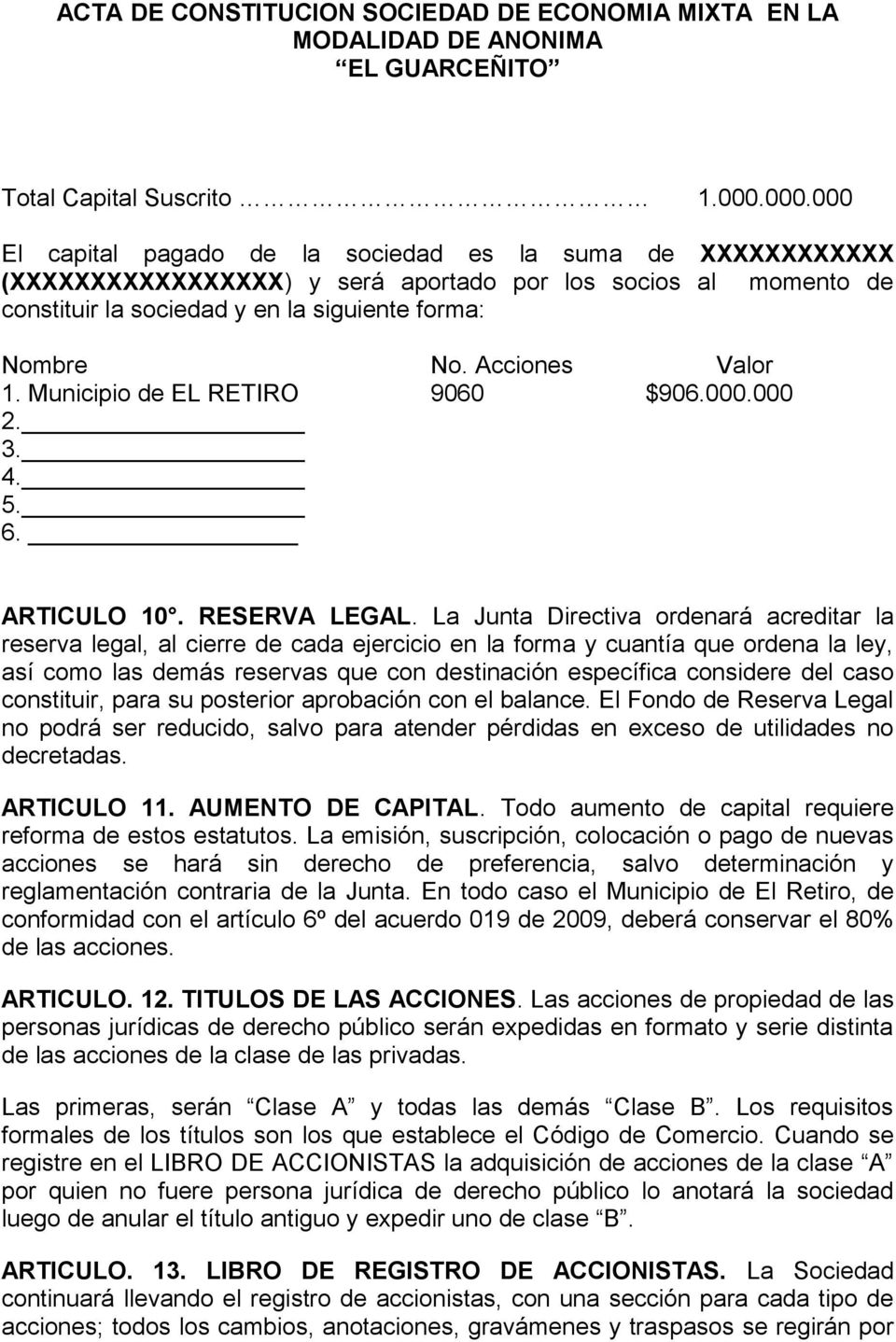 Acciones Valor 1. Municipio de EL RETIRO 9060 $906.000.000 2. 3. 4. 5. 6. ARTICULO 10. RESERVA LEGAL.