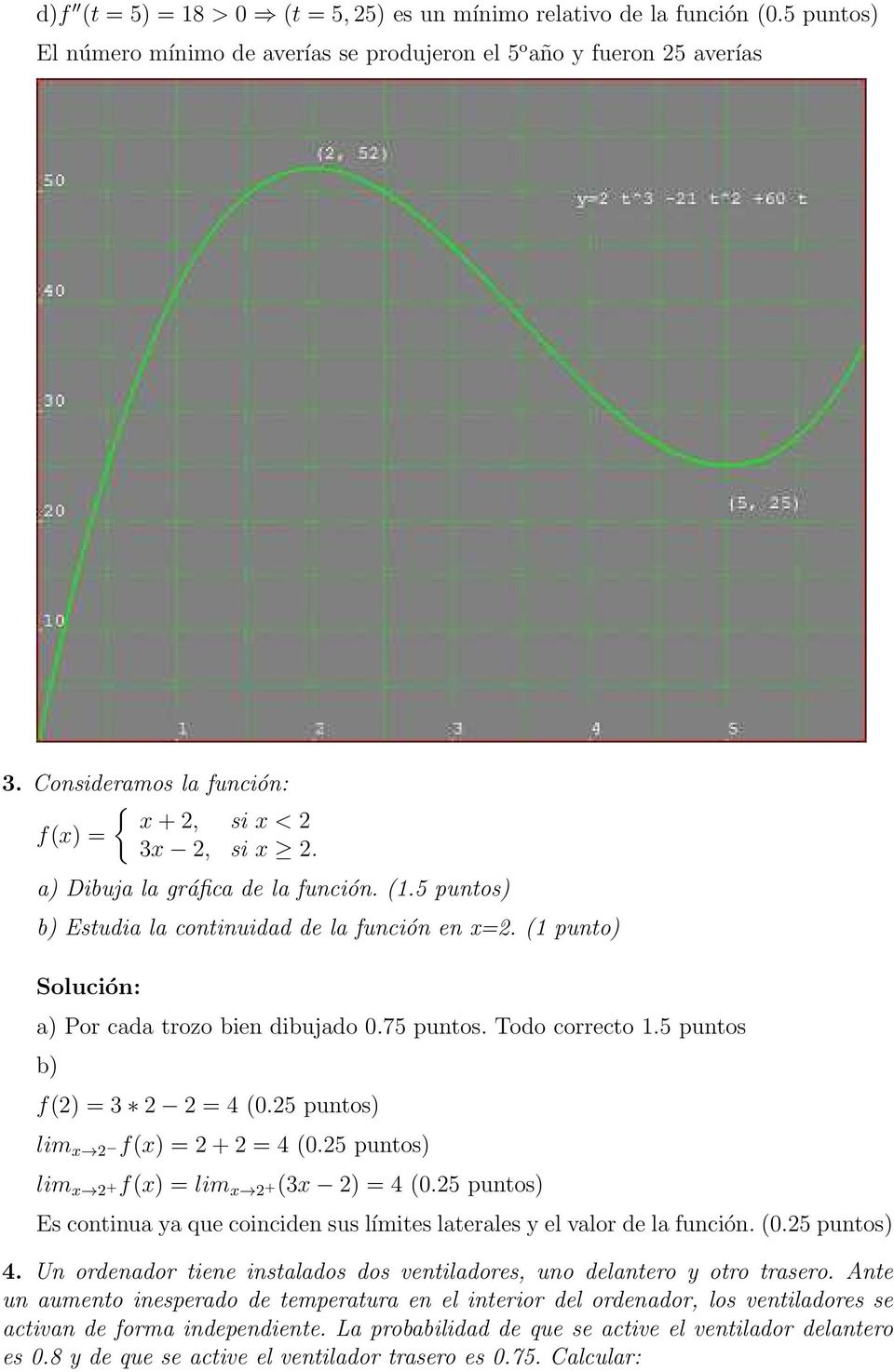 (1 punto) a) Por cada trozo bien dibujado 0.75 puntos. Todo correcto 1.5 puntos b) f(2) = 3 2 2 = 4 (0.25 puntos) lim x 2 f(x) = 2 + 2 = 4 (0.25 puntos) lim x 2 +f(x) = lim x 2 +(3x 2) = 4 (0.