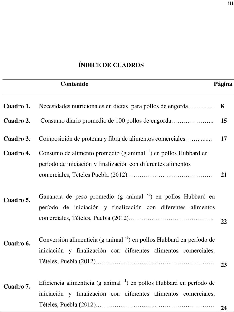 Consumo de alimento promedio (g animal -1 ) en pollos Hubbard en período de iniciación y finalización con diferentes alimentos comerciales, Tételes Puebla (2012).. 21 Cuadro 5.