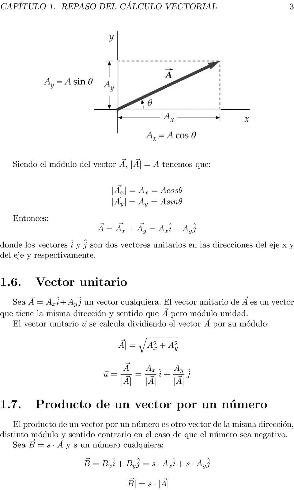 unitarios en las direcciones del eje x y del eje y respectivamente. 1.6. Vector unitario Sea A = A x î+a y ĵ un vector cualquiera.