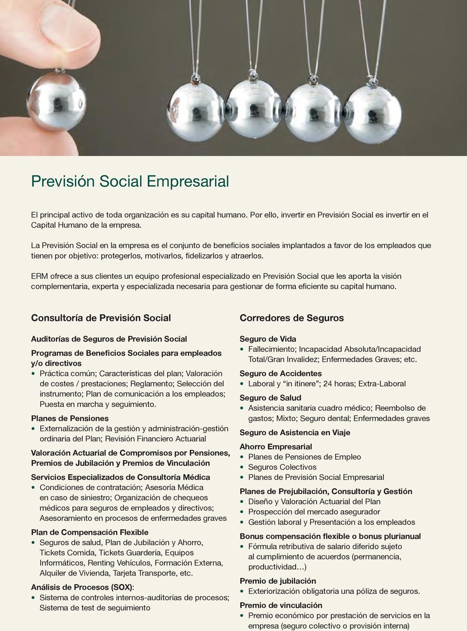 ERM ofrece a sus clientes un equipo profesional especializado en Previsión Social que les aporta la visión complementaria, experta y especializada necesaria para gestionar de forma eficiente su