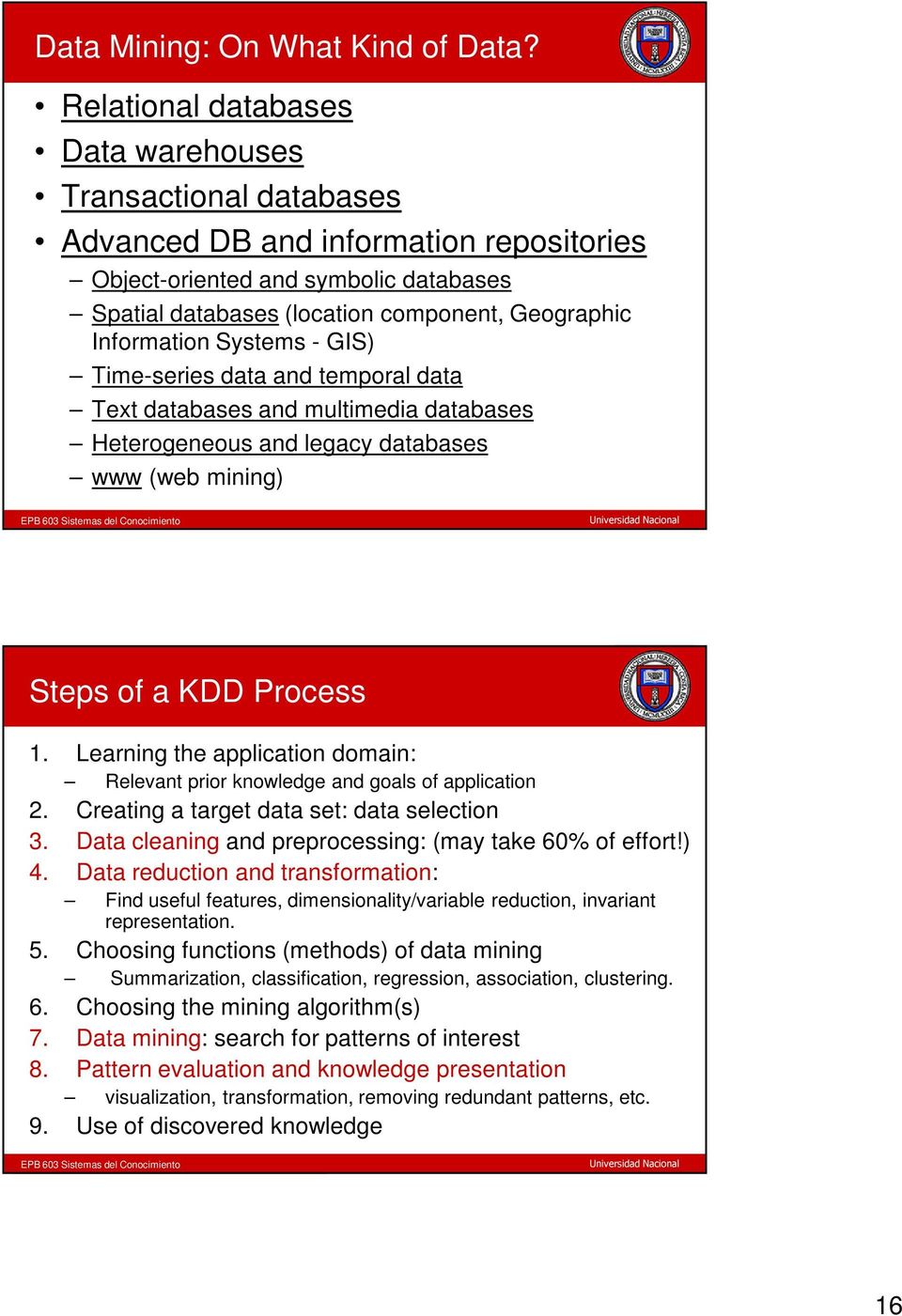 Information Systems - GIS) Time-series data and temporal data Text databases and multimedia databases Heterogeneous and legacy databases www (web mining) Steps of a KDD Process 1.
