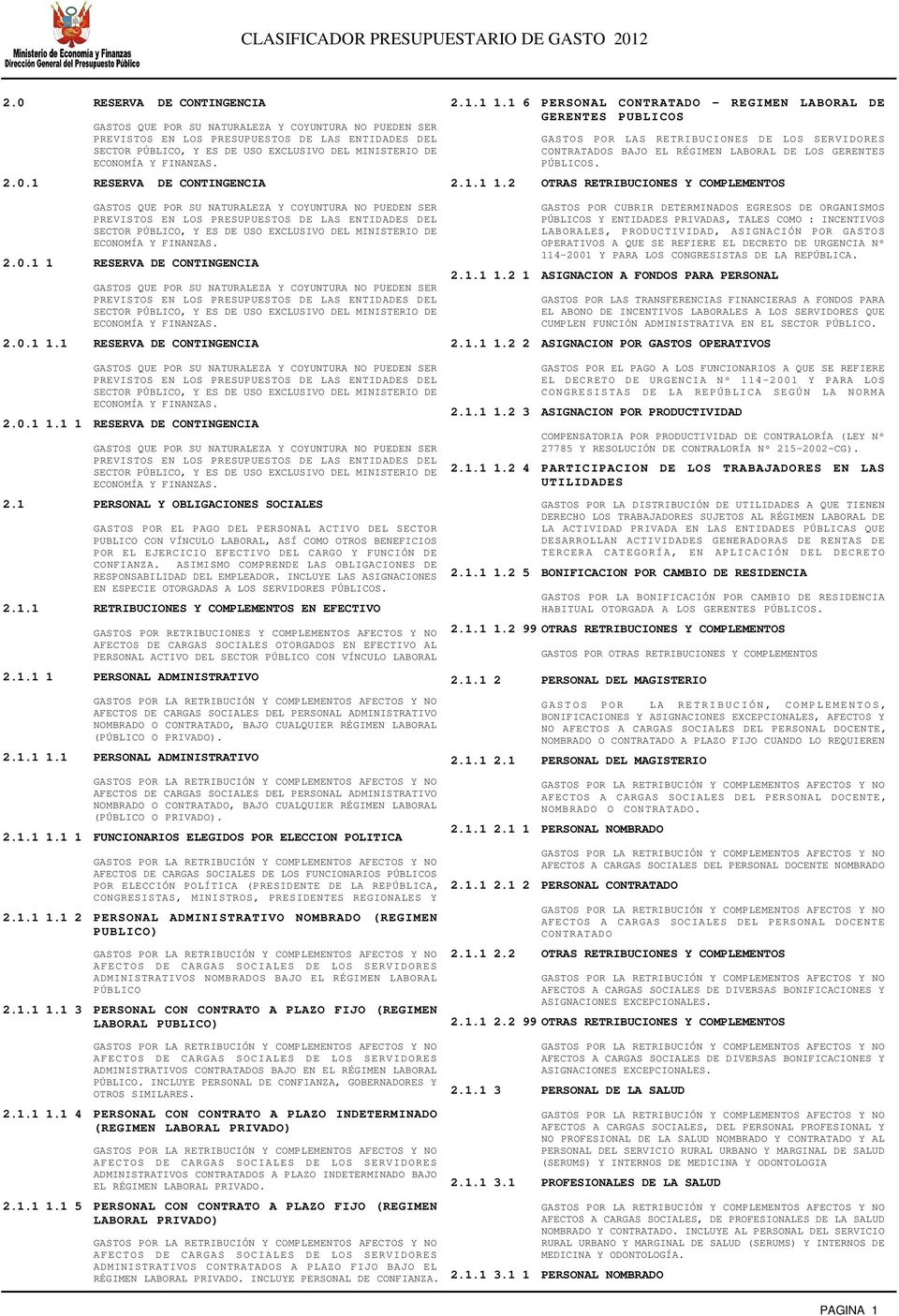 1 RESERVA DE CONTINGENCIA 2.1.1 1.2 OTRAS RETRIBUCIONES Y COMPLEMENTOS 2.0.