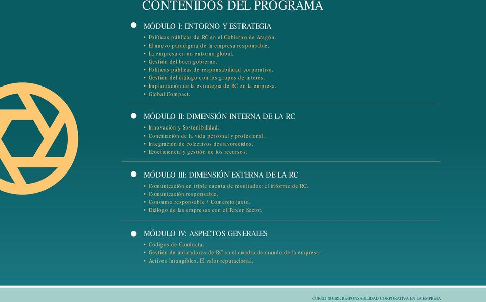 MÓDULO II: DIMENSIÓN INTERNA DE LA RC Innovación y Sostenibilidad. Conciliación de la vida personal y profesional. Integración de colectivos desfavorecidos. Ecoeficiencia y gestión de los recursos.