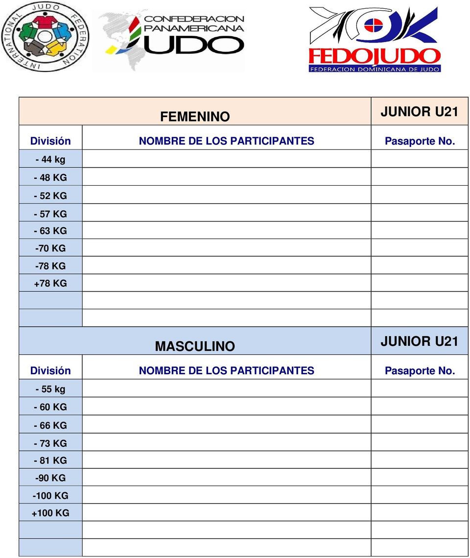 MASCULINO JUNIOR U21 División NOMBRE DE LOS PARTICIPANTES