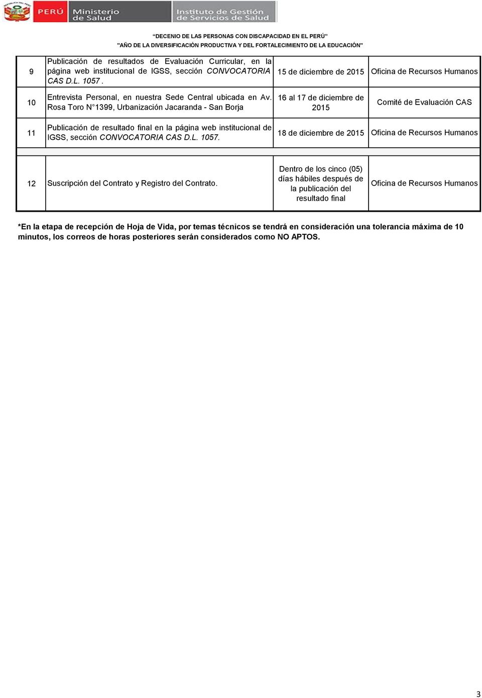 Rosa Toro N 1399, Urbanización Jacaranda - San Borja 16 al 17 de diciembre de 2015 Comité de Evaluación CAS Publicación de resultado final en la página web institucional de 11 18 de diciembre de