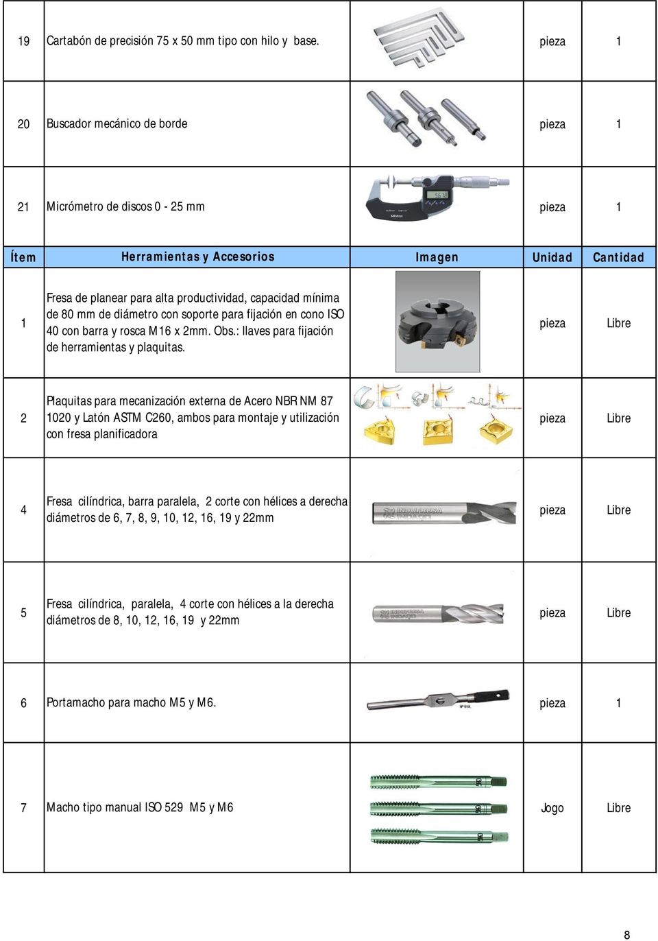 fijación en cono ISO 40 con barra y rosca M16 x 2mm. Obs.: llaves para fijación de herramientas y plaquitas.