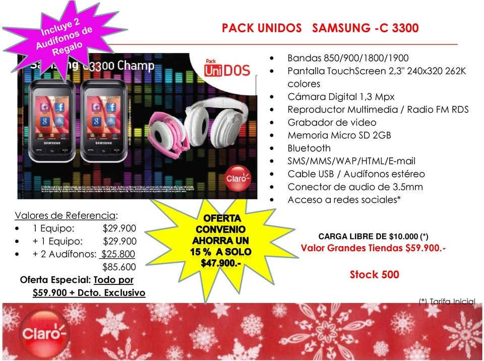 Exclusivo Bandas 850/900/1800/1900 Pantalla TouchScreen 2,3" 240x320 262K colores Cámara Digital 1,3 Mpx Reproductor Multimedia / Radio