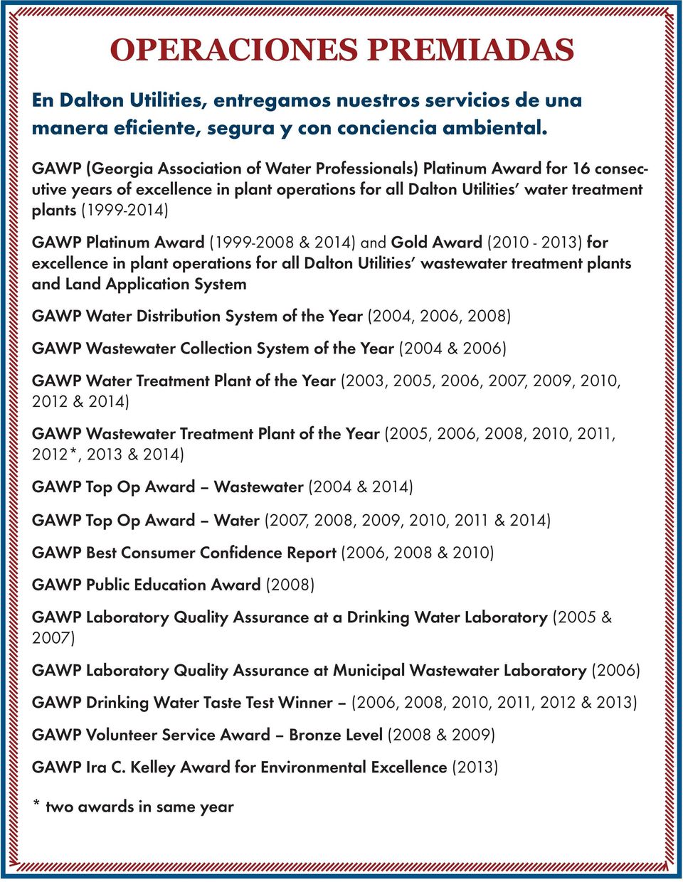 Award (1999-2008 & 2014) and Gold Award (2010-2013) for excellence in plant operations for all Dalton Utilities wastewater treatment plants and Land Application System GAWP Water Distribution System