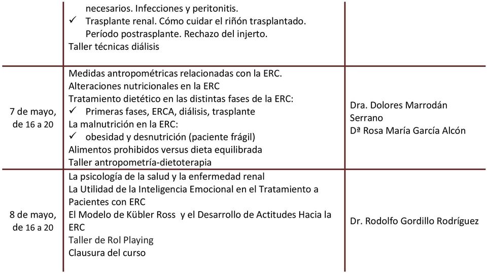 Alteraciones nutricionales en la ERC Tratamiento dietético en las distintas fases de la ERC: Primeras fases, ERCA, diálisis, trasplante La malnutrición en la ERC: obesidad y desnutrición (paciente