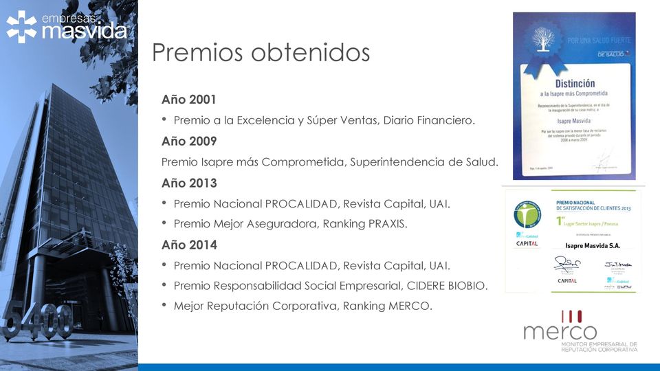 Año 2013 Premio Nacional PROCALIDAD, Revista Capital, UAI. Premio Mejor Aseguradora, Ranking PRAXIS.