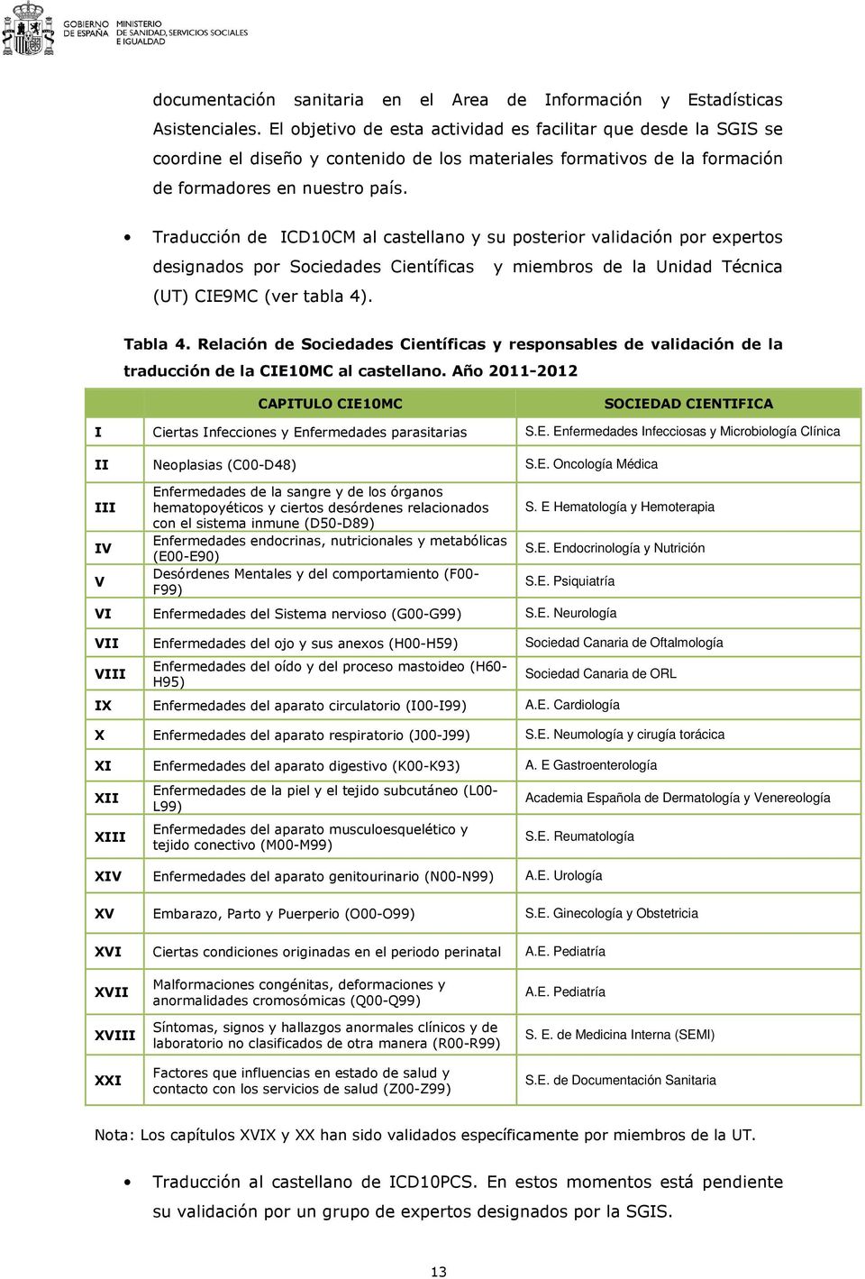 Traducción de ICD10CM al castellano y su posterior validación por expertos designados por Sociedades Científicas y miembros de la Unidad Técnica (UT) CIE9MC (ver tabla 4). Tabla 4.